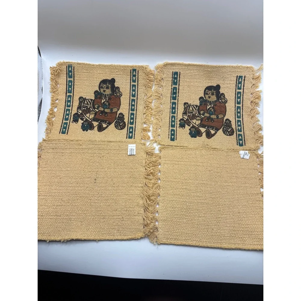 Vintage Woven Southwestern Coasters Set of 4 Fringe Indigenous Pottery Motif Tan